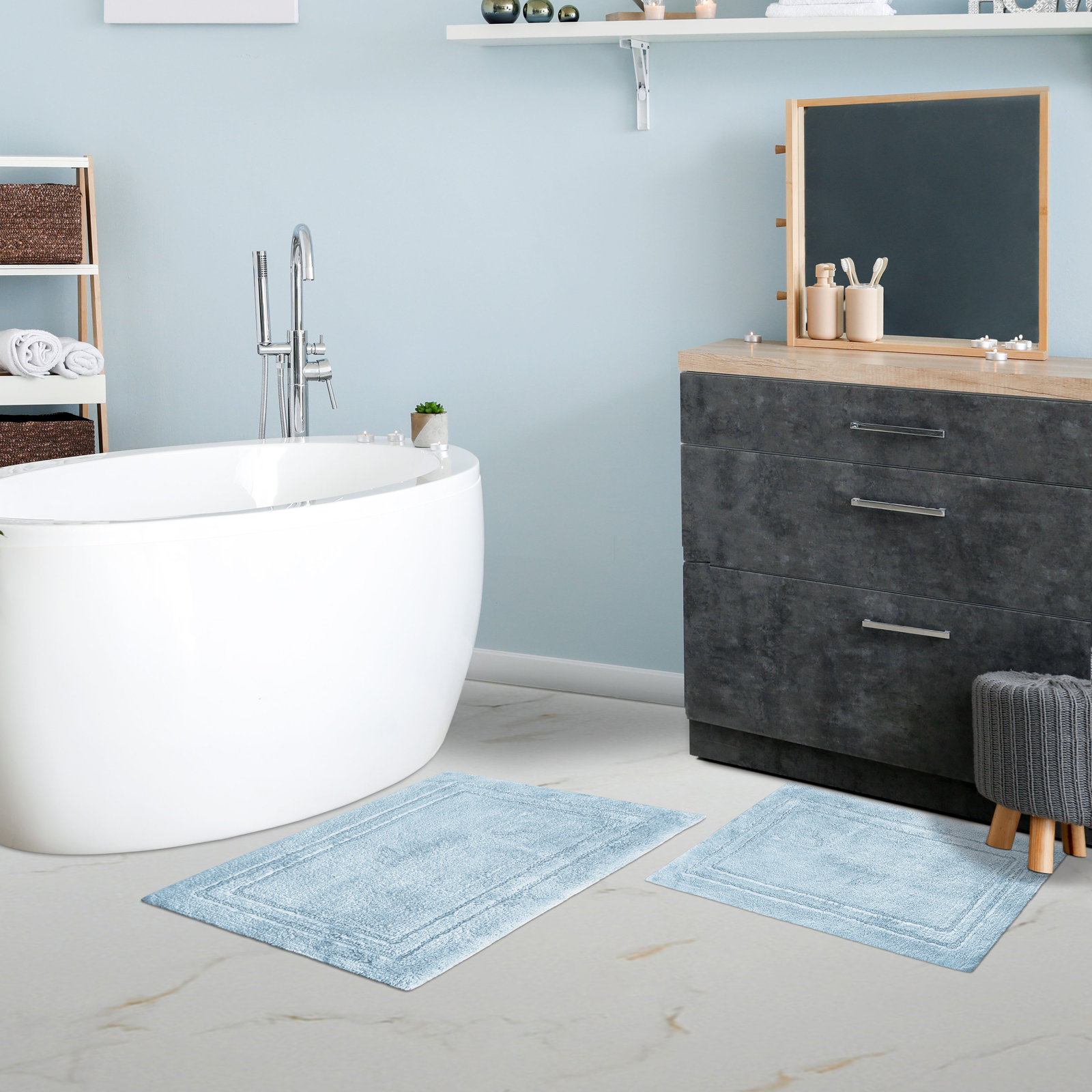 Sandcliff Cotton Non-Skid Machine Washable 2 Piece Bathroom Rug Set, Solid Light Blue