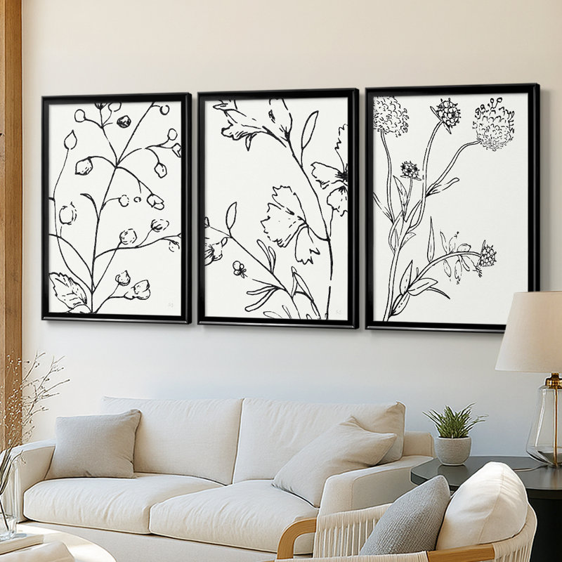 Botanical S croquis I - Toile tendue avec châssis sur mesure - 3 pièces, Noir, noir, noir, noir, H 19 po x l 45 po