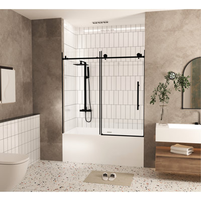 Porte de douche de 60 po de largeur, l 56 po, verre trempé transparent de 6 mm, pellicule résistante, poignée en acier inoxydable rouille, noir mat, protection contre les bris de salle de bain propre et bien rangée