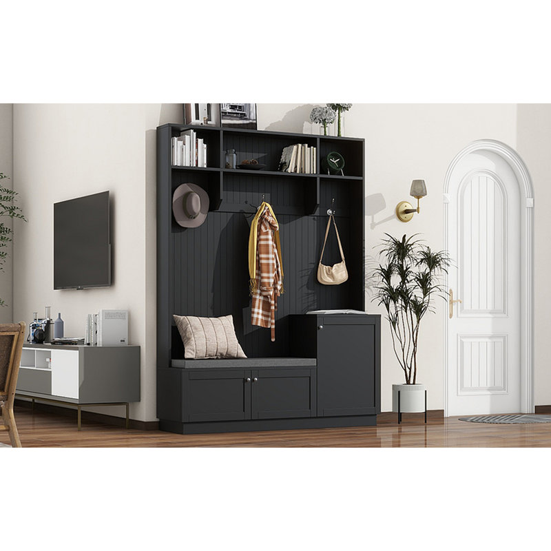 Ayham Hall Tree 59'' Wide with Bench and Shoe Storage, Black
