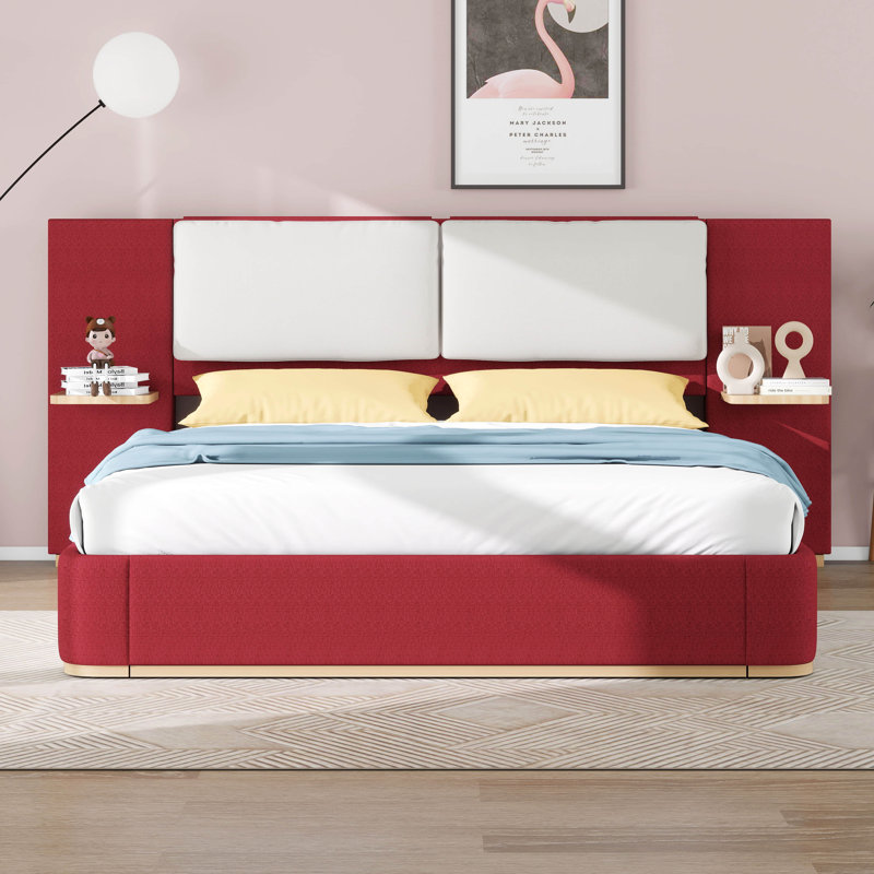 Lit plateforme tapissier grand format, cadre de lit moderne avec coins arrondis doux et tête de lit, espace de rangement et panneaux latéraux
