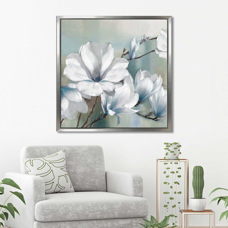 «Spring Magnolias» par Rogier Daniels - Peinture, Cadre flottant argent, H 31,5 po x l 31,5 po x P 2 po