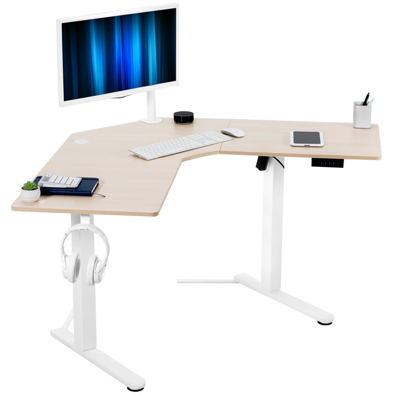 Bureau debout d'angle électrique VIVO, poste de travail en L (série E1L94B), Bois clair / blanc