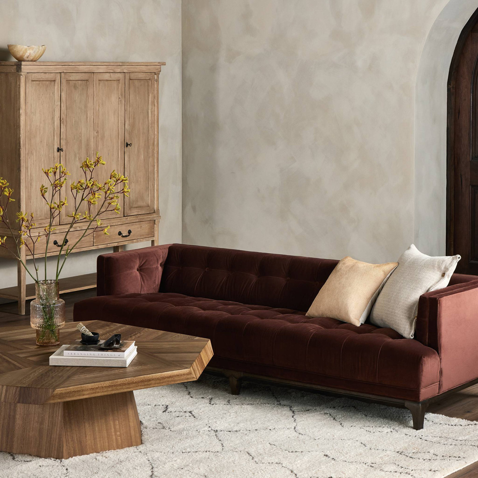 Bari 91'' Tufted Tuxedo Sofa, Surrey Auburn Velvet, Sienna Brown