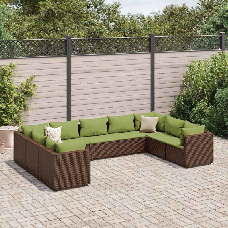  Patio Lounge Set Brown Poly Rattan 9 Piece Set Modular, Brown, Green