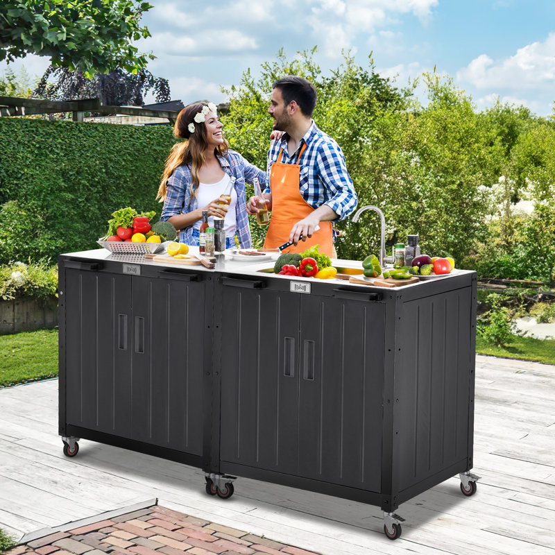 Freestanding Black and Stainless Steel Outdoor Sink Station with Cabinet