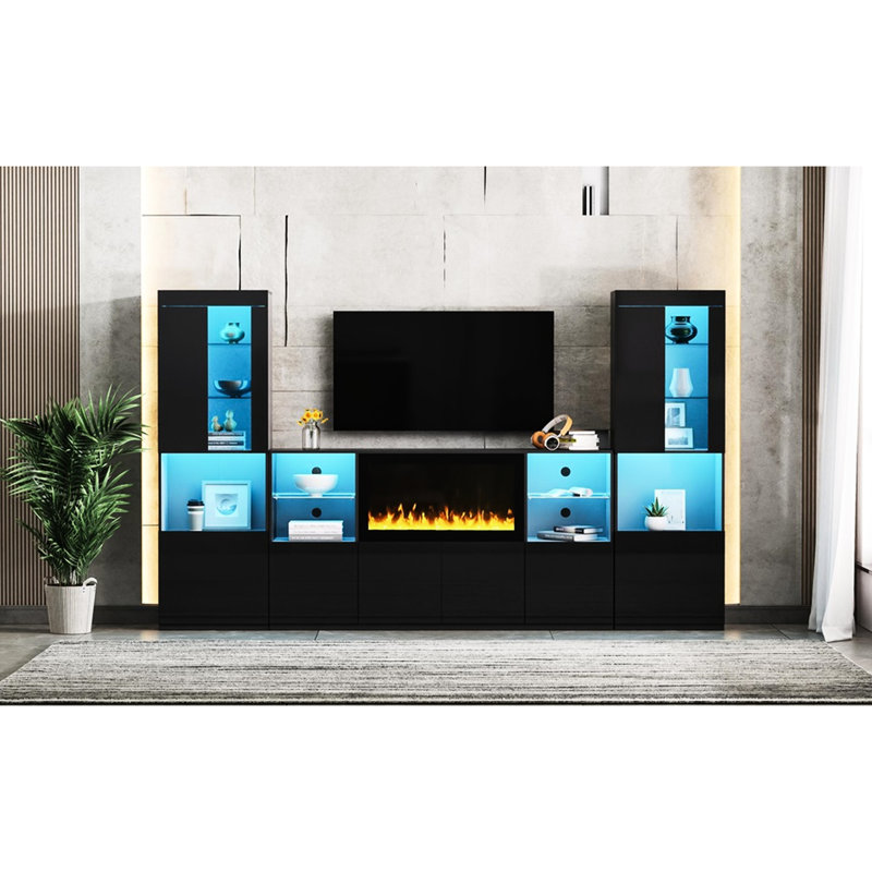 Meuble télé 34,2 "pour foyer électrique avec tablettes en verre trempé et lumières DEL compatibles, 75", zigzag noir pour écrans