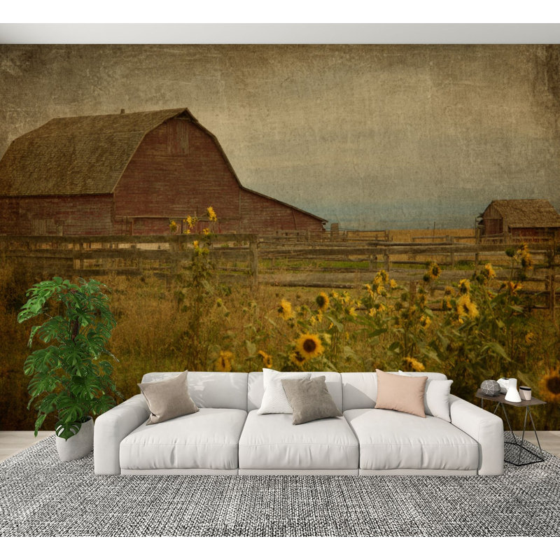 Papier peint adhésif peler et coller Twilight Farm Scene Barn Swaying Sunflowers, L 144 po x l 100 po