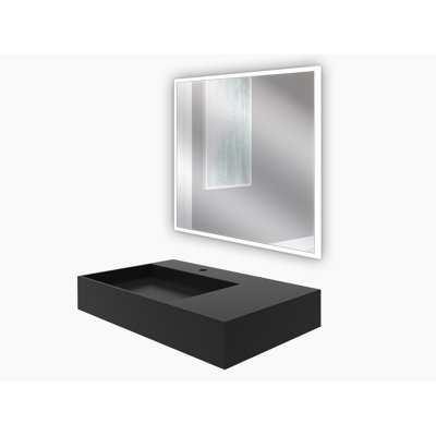 36" Solid Surface Wall Mount Modern Minimalist Left Basin Bathroom Sink and LED Mirror Set