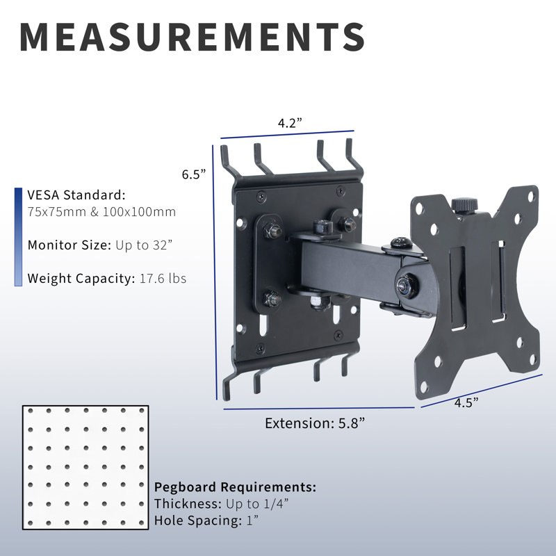 Vivo Single Computer Monitor Pegboard Mount With Arm