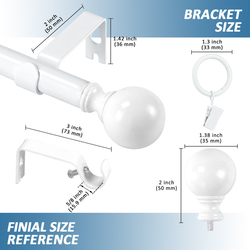 Tringle à rideaux simple ajustable Plante Ball, H 0,625 po x l 120 po x P 0,625 po, Blanc lustré