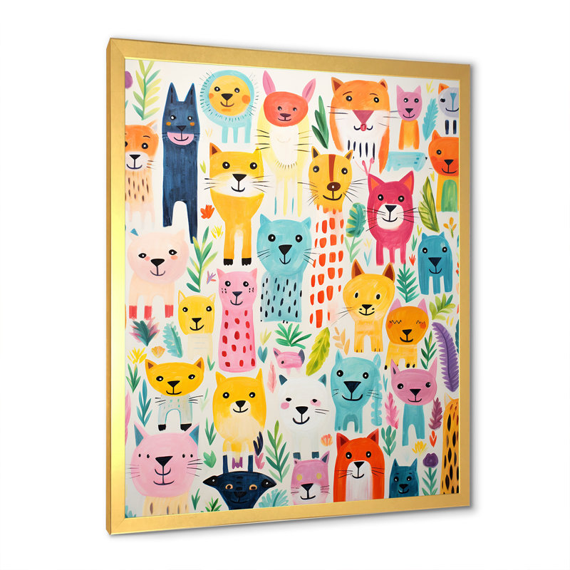 Pépinière, motif animalier coloré I - Art mural de chambre de bébé, Encadrement doré, H 32 po x l 24 po x P 1 po