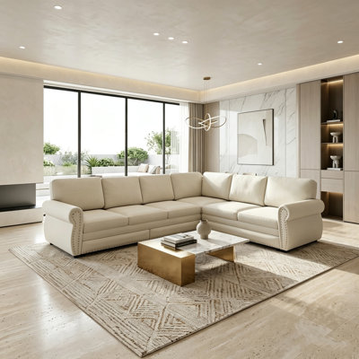 Convertible L-Shaped Sectional Sofa Bed, 6-Seater Oversized Sleeper Couch with Pull Out Bed, Modern Chenille Sectional with Rivet Trim & 7 Cushions