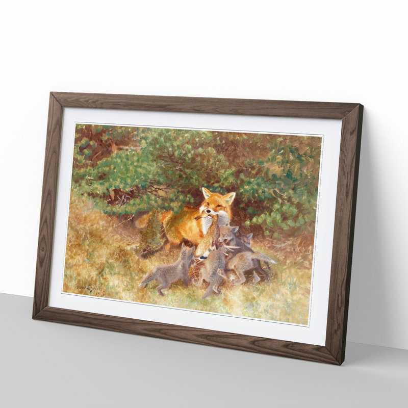 Fox and Cubs by Bruno Liljefors - Picture Frame Painting, 48cm H x 65cm W x 2cm D, Walnut Framed