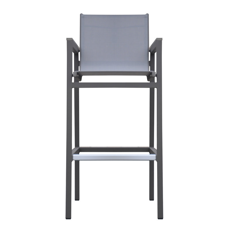Aloys Outdoor Barstool in Gray Powder Coated Finish with Gray Sling PVC-coated polyester and Wood Accent Arms