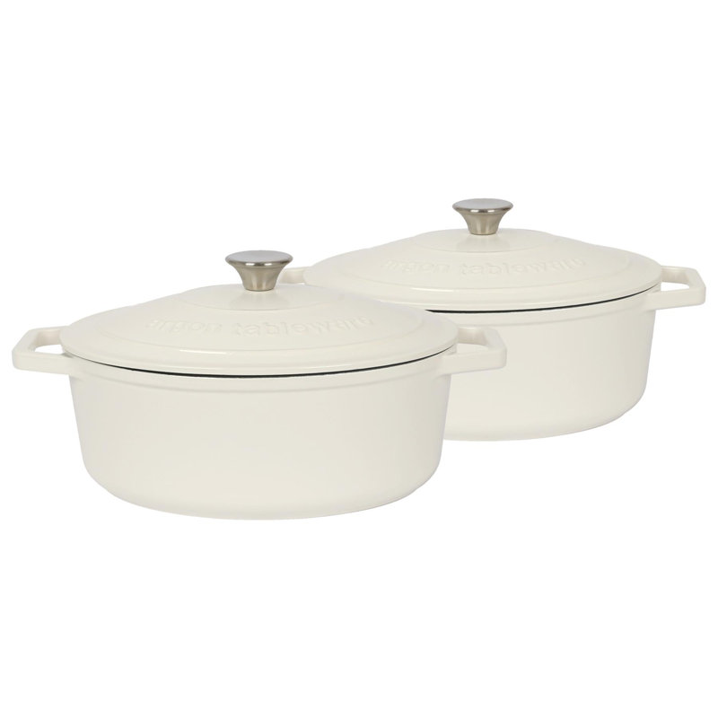 Argon Tableware - Oval Cast Iron Casserole Dishes - 4.68L - Pack of 2, White