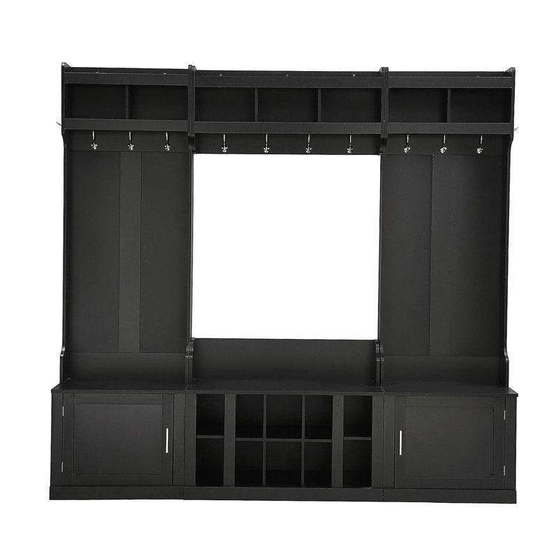 Arbre d'entrée large avec rangement et banc, banc d'entrée multifonctionnel 4-en-1 avec portemanteau et casiers à chaussures, mobilier pratique pour le couloir