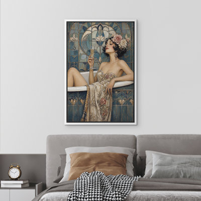 Elegant Art Nouveau Woman in Bathtub Floral Glass Window Framed Canvas Master Bedroom Wall Art Work Print