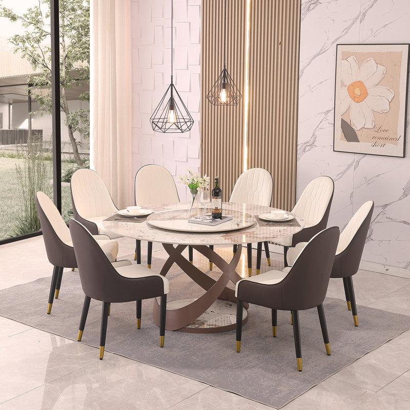 Table de salle à manger moderne en pierre frittée de 59,05 po avec plateau tournant rond de 31,5 po et piédestal en métal exquis avec 8 chaises.