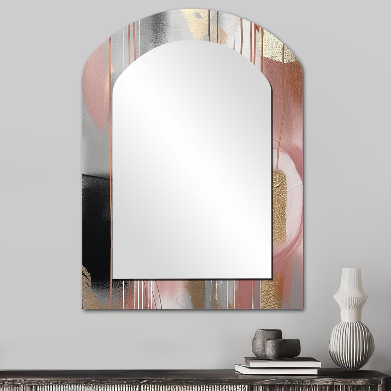 Pink Gold Circle Complexity - Transitional Shapes Arch Wall Mirror, Modern Asymmetrical Decorative Mirror, Printed Metal Art