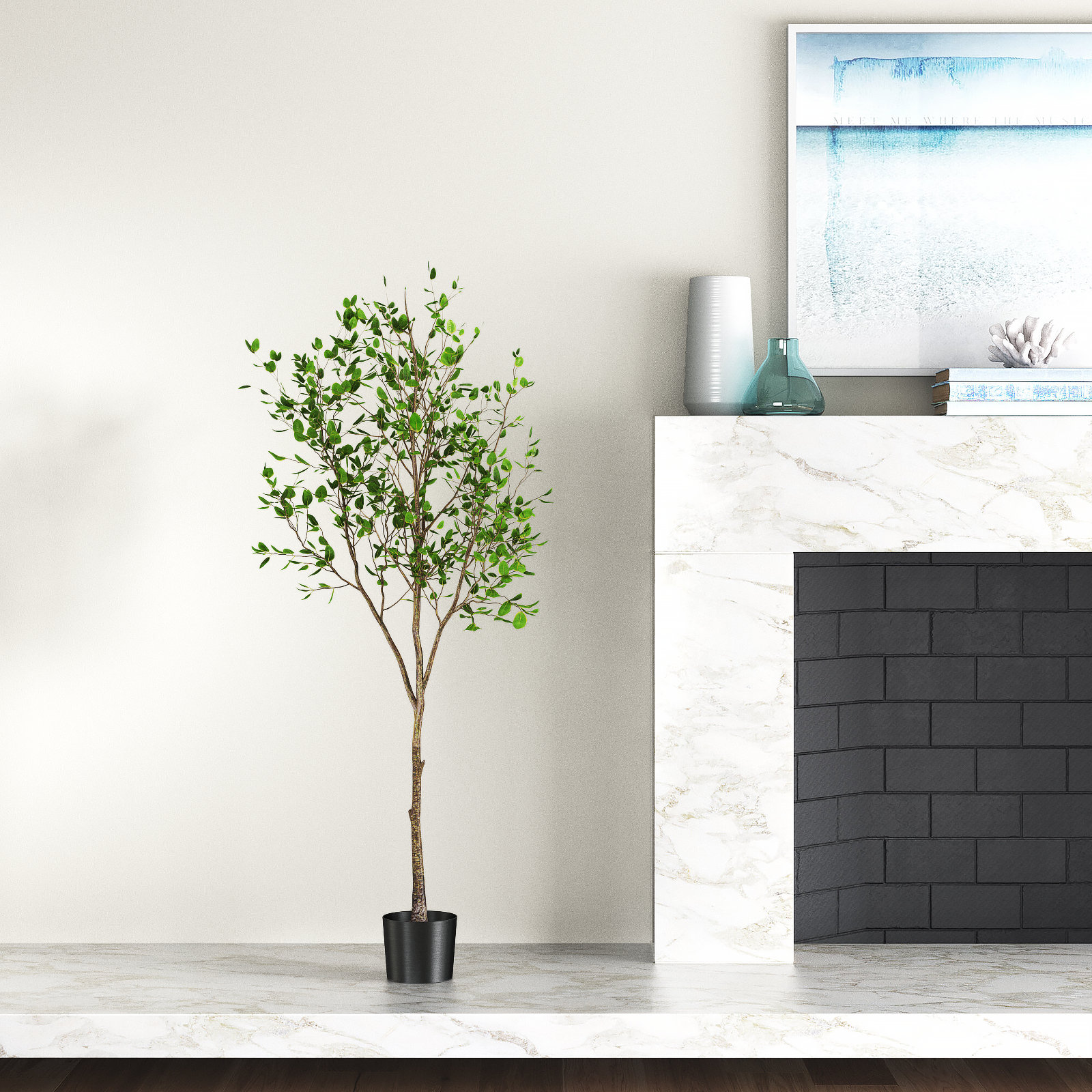 Beachcrest Home Artificial Potted Milan Leaf Tree in Black Planters Pot