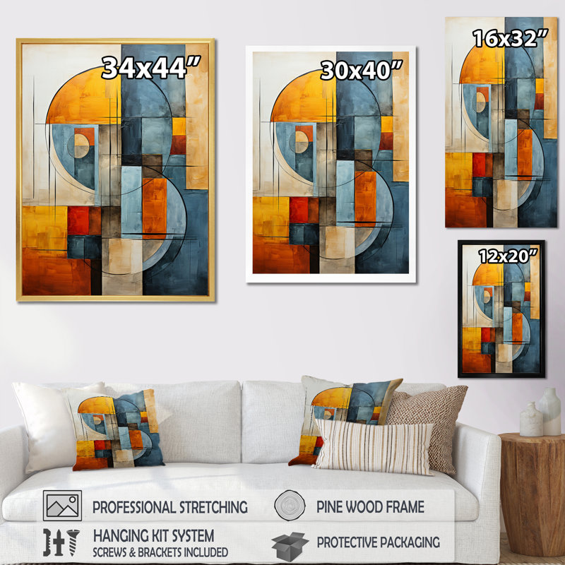 «Orange and Blue Cubism Assemblage II - Abstract Collages», art mural sur toile, Cadre flottant doré