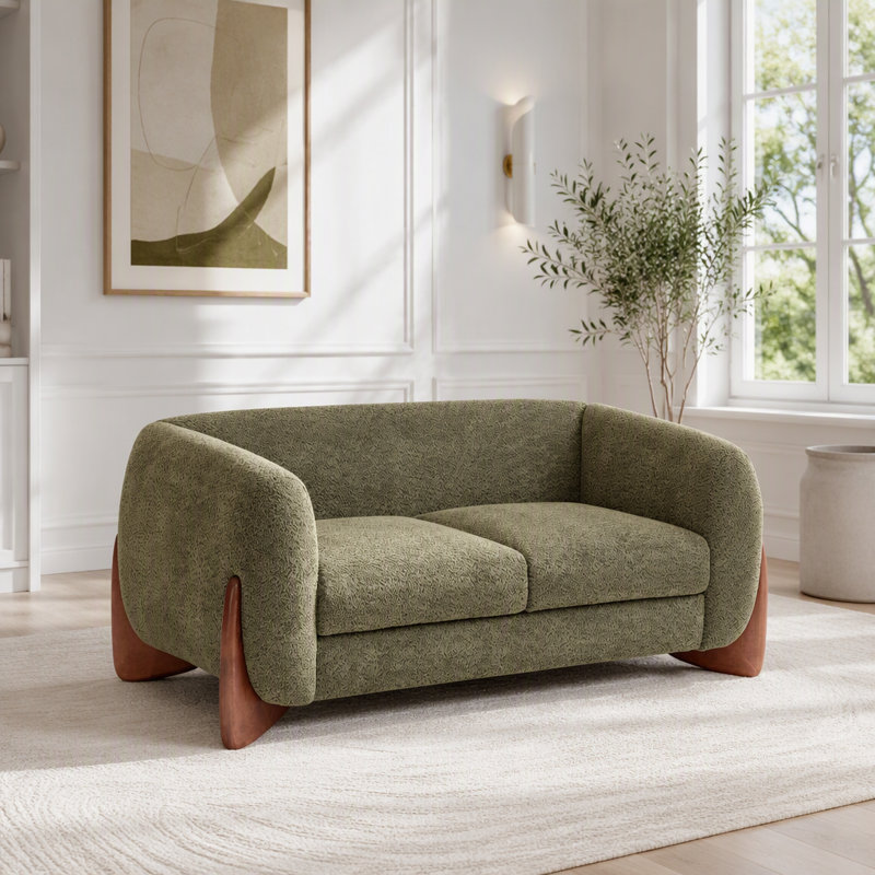 Causeuse Boucle en velours vert olive, Tissu vert olive