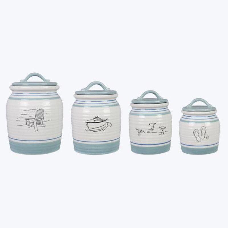 Set of 4 White and Blue Ceramic Lake-Themed Food Storage Canisters