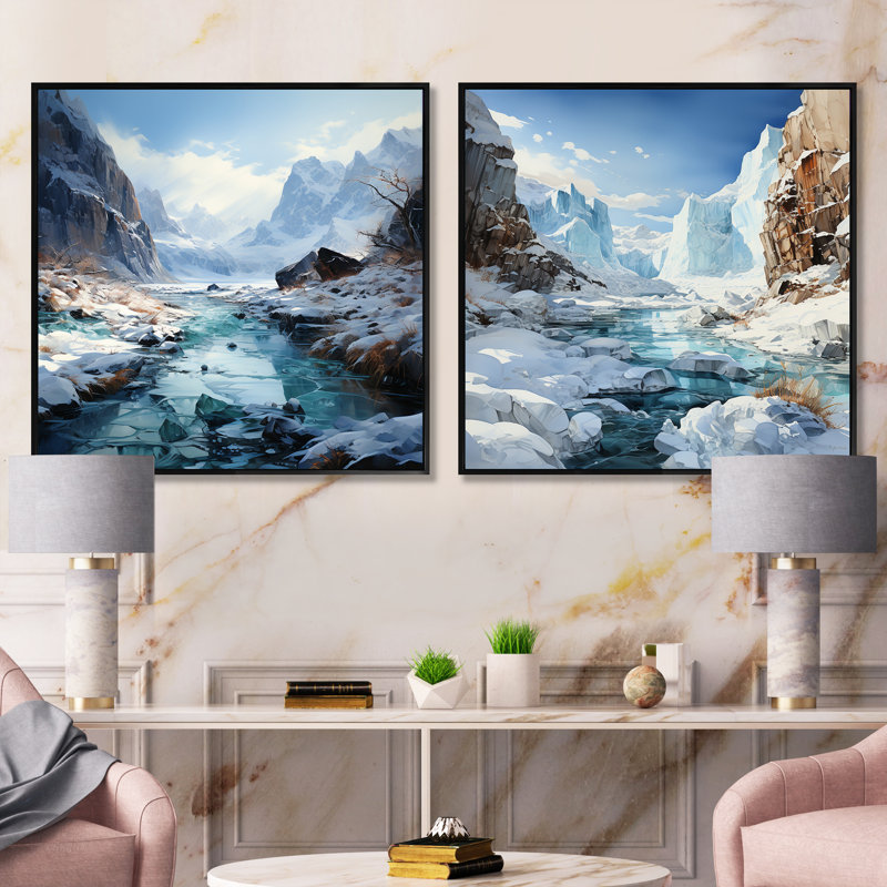 Island - charme de glacier en hiver - ensemble de 2 collages carrés Glacier, Cadre flottant noir, H 16 po x l 33 po