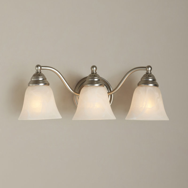 Moyer 3-Light 19 inch Wide Brushed Nickel Traditional Bathroom Vanity Lighting Fixture, White Alabaster Glass Shade, Dimmable, LED Compatible, Over the Mirror Mounted Steel Wall Sconce