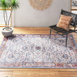 Glendale Heights Oriental Machine Woven Polyester Area Rug in Blue/Rose/Ivory