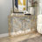 Gold Metal Geometric Open Style Quatrefoil Frame Living Room Console Table with Glass Top