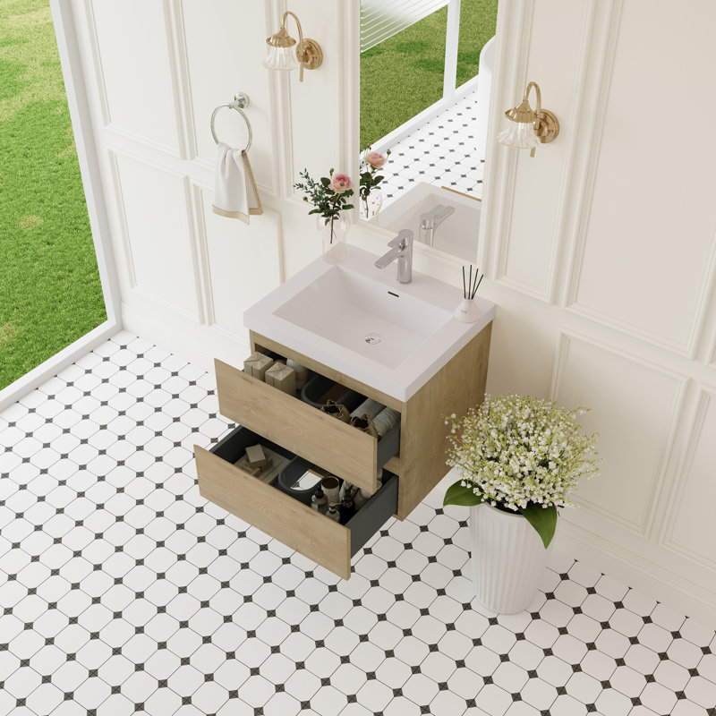 Meuble-lavabo mural 24 po avec lavabo et rangement mural moderne, Oak