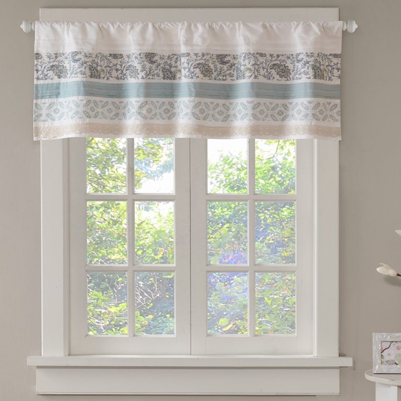 Paisley Aqua and White Cotton Rod Pocket Valance