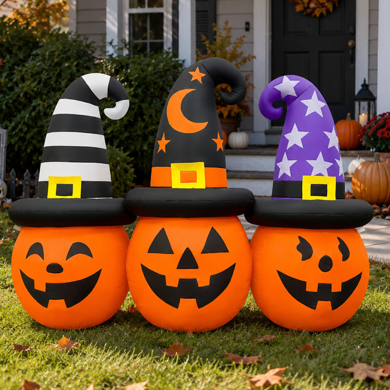  Triple citrouille gonflable illuminée d'Halloween de 6 pi avec chapeaux de sorcière distincts