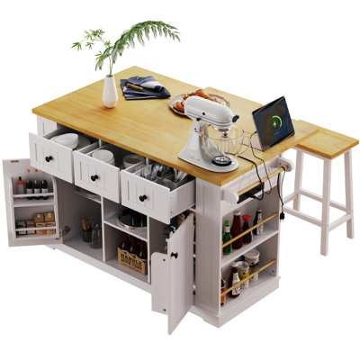 Kitchen Island Featuring 2 Bar Stools, Power Supply, 5 Wheels, Internal Rack, And 3 Drawers Large With Outlet, Drop Leaf, Adjustable Storage, Open Side