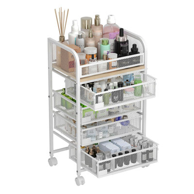 Organisateur de maquillage avec 4 tiroirs, rangement pour les soins de la peau, organisateurs de soins du sol avec plaques nominatives, support de maquillage pour parfum, vernis à ongles, brosses, blanc