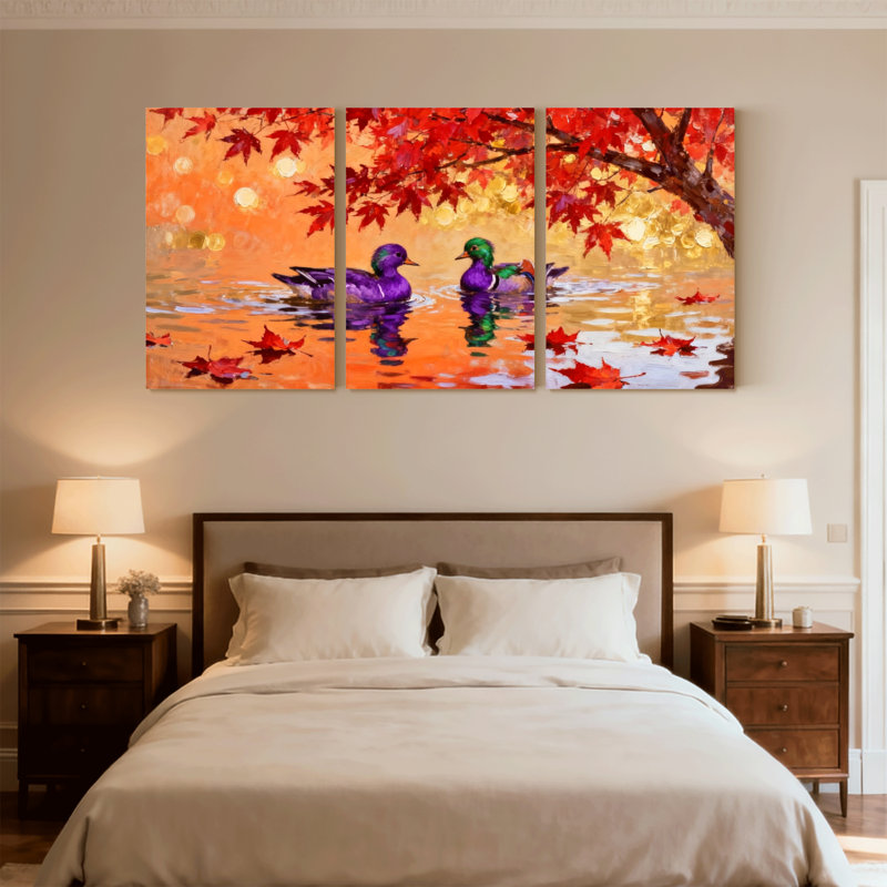 «Birds Autumn Leaves Ducks Water Reflections», ensemble de 3 impressions sur toile, H 18 po x l 36 po