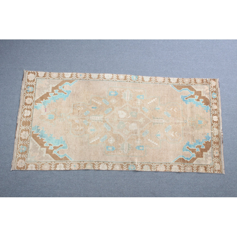 Tapis turc rétro Oushak dans des tons de brun chaud, idéal pour les chambres à coucher et les décors bohémiens