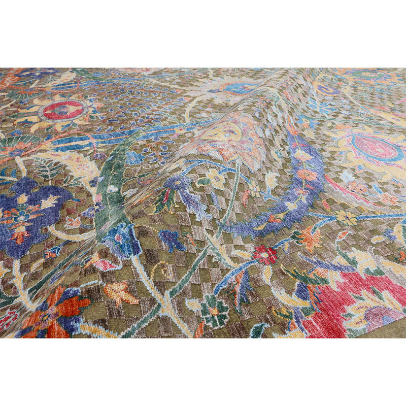 Tapis brun clair et multicolore de haute qualité noué à la main, Rectangle 6 pi x 9 pi