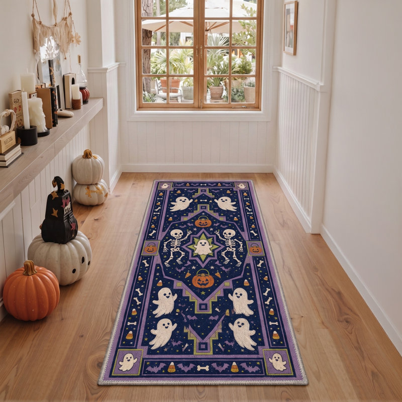 Tapis d'Halloween Spooky Icon, noir / orange, lavable à la machine, à poils courts, antidérapant, Runner 2' x 7'