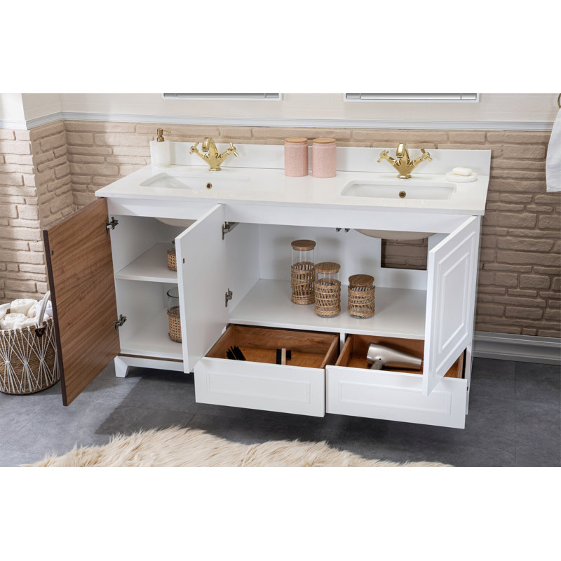 Ensemble de meuble-lavabo double 59 po avec miroir Cleada, Blanc / brun