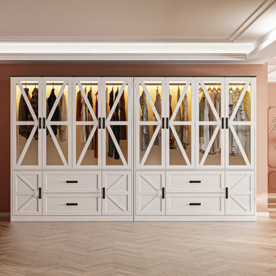 Vintage Style Oversized Armoire With Glass Doors & Built-In Lighting