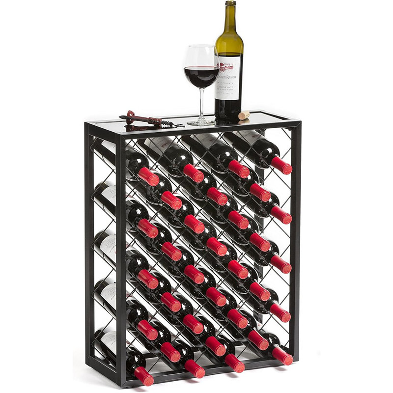 "Support à vin autoportant avec tablette supérieure en verre noir - rangement pour la maison, la cuisine ou le bar"