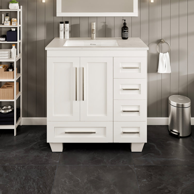 Kempst 30"W x 22"D Bathroom Vanity with Undermount Porcelain Sink, White, Marble - White Carrara