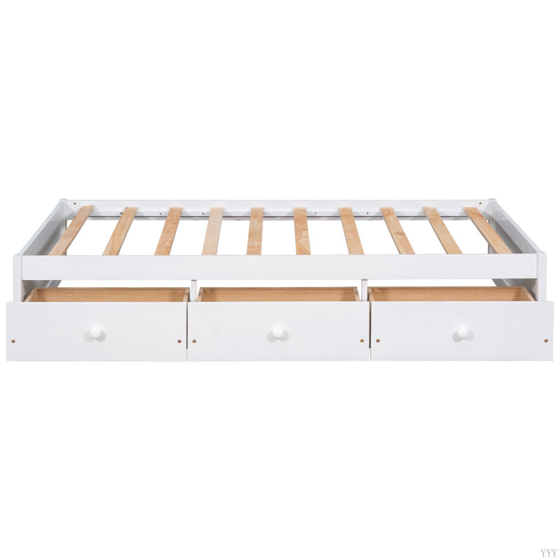 Lit plateforme simple avec rangement et 3 tiroirs, Blanc