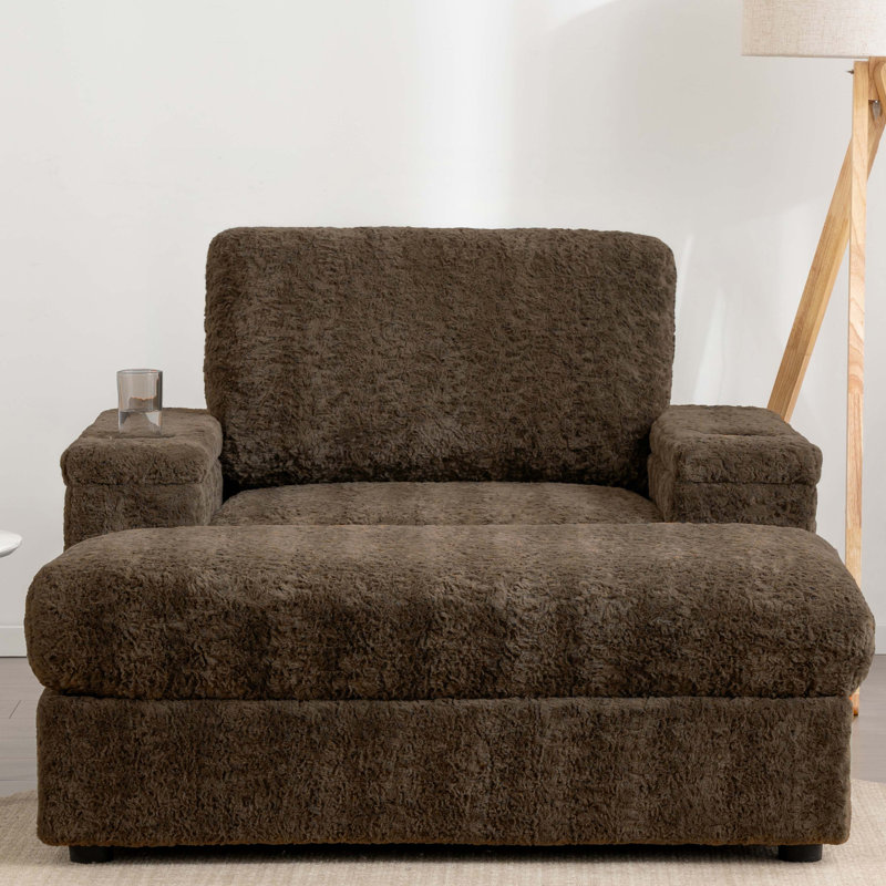 Fauteuil rembourré avec repose-pieds avec rangement et accoudoirs, porte-gobelets, Fausse fourrure brune