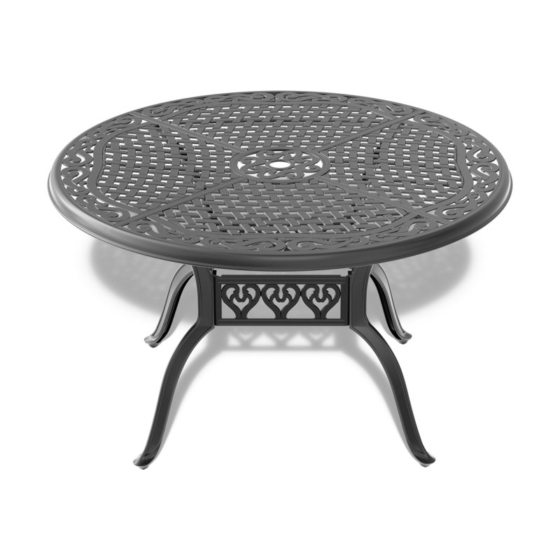 Table de salle à manger de 48 po en fonte d'aluminium avec structure noire et trou pour parasol