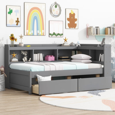 L-Shaped Bookcase Bed with Storage Drawers, Power Outlets & USB Ports, Platform Bed by Hokku Designs