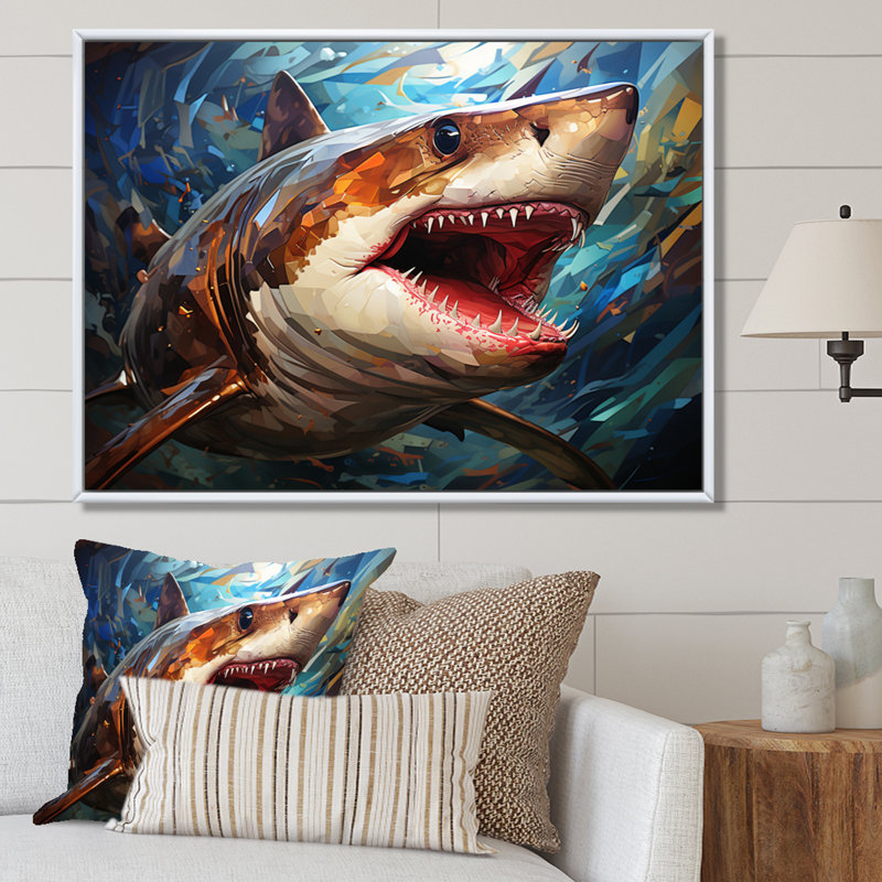" Blue Shark Predators Glare Geometric II ", 34" H x 44" W x 1.5" D, White Floater Framed
